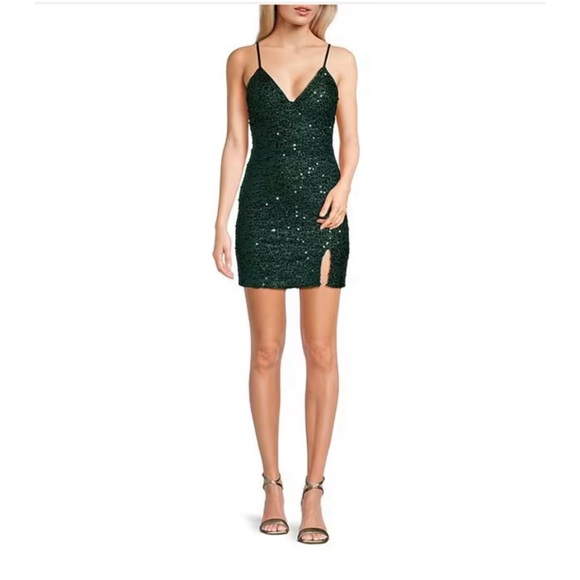 🥳♥️ NWT Dear Moon Green Sequin V-Neck Side Slit Mini Dress - Picture 1 of 12